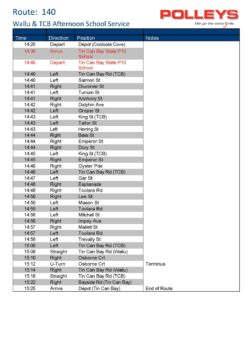 Route 140 – Wallu & TCB Afternoon School Service