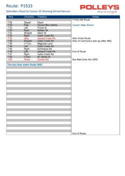 Route P1533 – Schreibers Road to Cooran State School Morning School Serivce